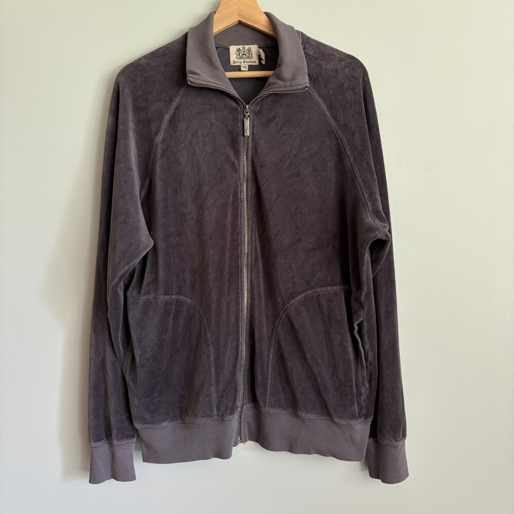 Juicy Couture Velour Track Jacket Y2K Size XL Gray Preppy Zip Up Collared Womens